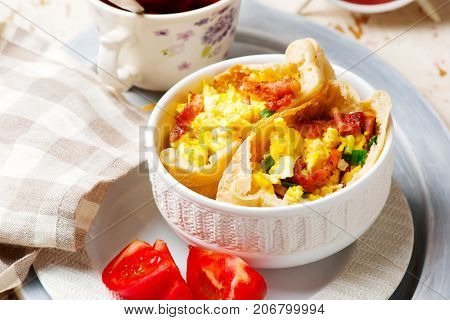 Breackfast omelette pita with tomato ..selective focus