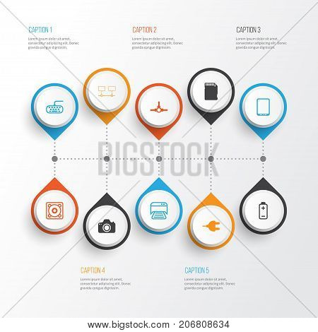 Computer Icons Set. Collection Of Network Structure, Printed Document, Music And Other Elements