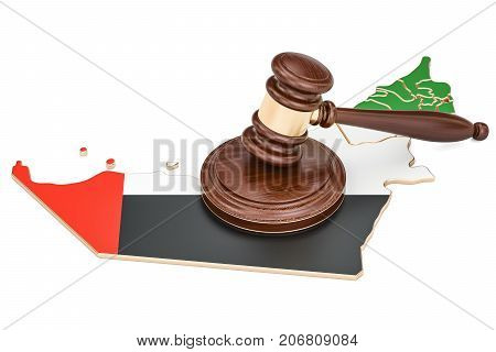 Wooden Gavel on map of UAE 3D rendering isolated on white background