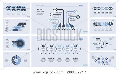 Process and workflow chart set for inforgraphic, presentation, web design. Business and management concept. Process chart, timing and date graph, donut chart, flowchart, timetable