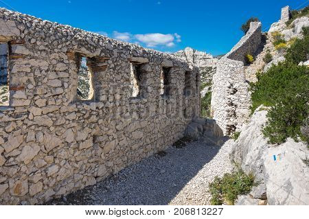 Ruins of fortress in the Calanque de Morgiou one of the biggest calanques located between Marseille and Cassis France
