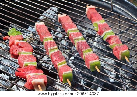 Beef brochette on the rack of a barbecue