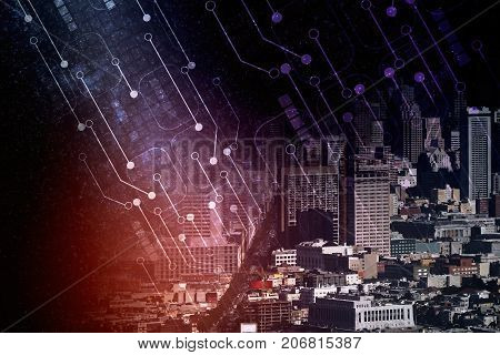 Abstract circuit board and city background. Technology and innovation concept. Double exposure