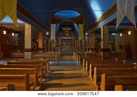 Tirana, Tarapaca, Chile - August 28, 2017: Interior of the historic church in the small town of Tirana in the Atacama Desert, Tarapaca, Chile.