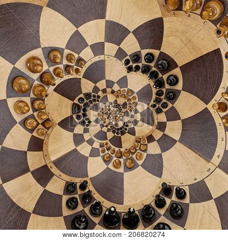 Abstract wooden chess desk white black figures spiral effect flower shape. Chess wooden board abstract spiral fractal Surreal chess board figures spiral background pattern incredible fractal effect Chess game