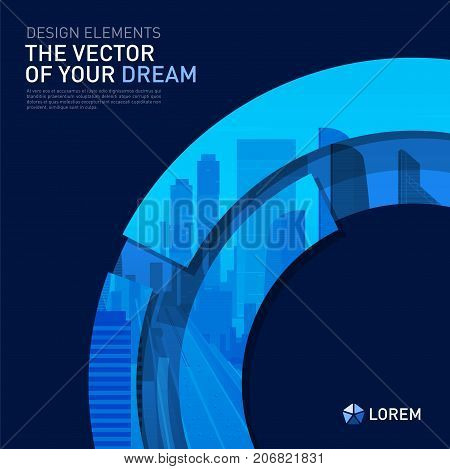 Design element for corporate graphic layout. Modern abstract geometry background template design whith colored cityscape vector illustration for investment, business, real estate, construction.
