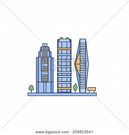 Set of futuristic skyscrapers in flat line style. Vector icon of modern buildings in smart city. Concept of business center and downtown on isolated white background.