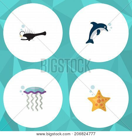Flat Icon Nature Set Of Playful Fish, Sea Star, Fish And Other Vector Objects