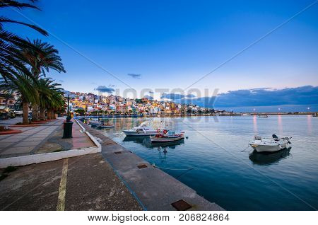 The pictursque port of Sitia, Crete, Greece at sunset. Sitia is a traditional town at the east Crete near the beach of palm trees, Vai.