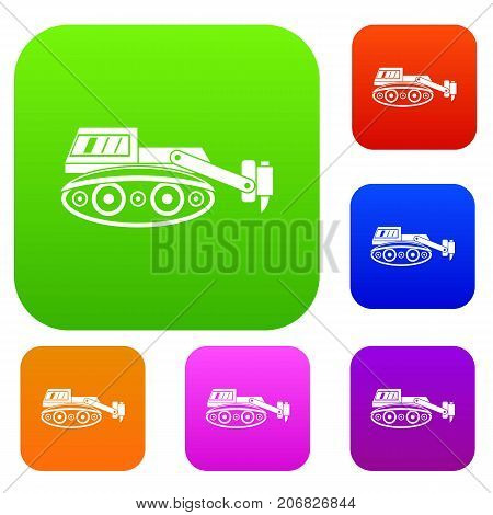 Excavator with hydraulic hammer set icon color in flat style isolated on white. Collection sings vector illustration