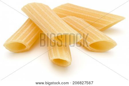 Italian pasta isolated on white background. Pennoni. Penne rigate.