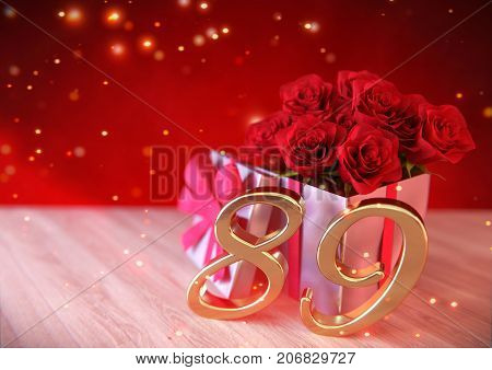 birthday concept with red roses in gift on wooden desk. 3D render - eighty-nineth birthday. 89th