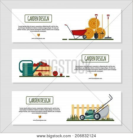 Set of horizontal banners for garden desing with hay, tools, wheelbarrow, watering can, box with tomato. Farming equipment - flat vector illustration.
