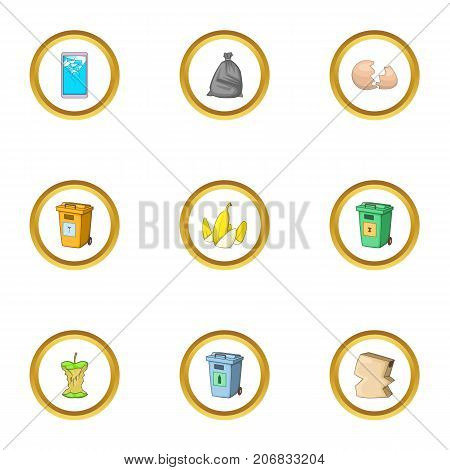 Trash icons set. cartoon style set of 9 trash vector icons for web design