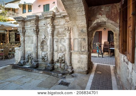 The Rimondi Fountain in the centre of the old town of Rethymnon, Crete, Greece, on April 10, 2017.