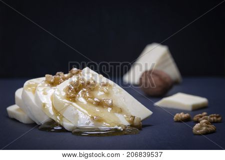 Suluguni Cheese, Walnut And Honey On Black Slate Platter