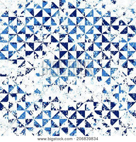 Small geometric abstract mosaic pattern with triangles and simple shapes in blue colors for fall winter fashion. Abstract dynamic retro tiles background. Seamless simple grunge micro vector print
