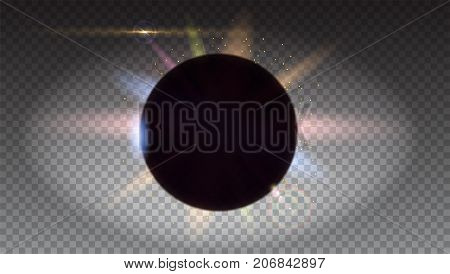 Solar eclipse, astronomical phenomenon - full sun eclipse. Space background isolated on transparent Blurred light rays and lens flare backdrop. Star burst with sparkles