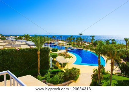 Sharm El Sheikh, Egypt - September 26, 2017: Buildings and pool area at Monter Carlo Sharm Resort and SPA at Sharm El Sheikh, Egypt on September 26, 2017