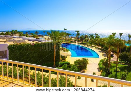 Sharm El Sheikh, Egypt - September 26, 2017: Buildings and pool area at Monter Carlo Sharm Resort and SPA at Sharm El Sheikh, Egypt on September 26, 2017