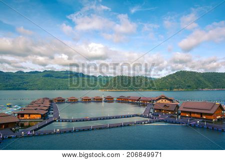 Beautiful rafthouses floating on the river at Srinakarin Dam Kanchanaburi Thailand.