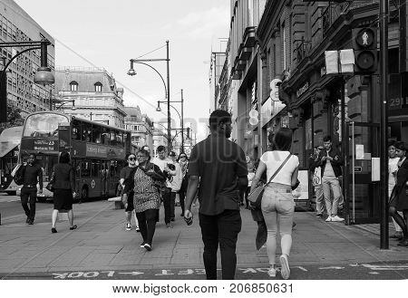 People In Oxford Street In London Black And White