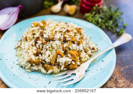 Risotto with chanterelle mushrooms and herbs. Italian food.
