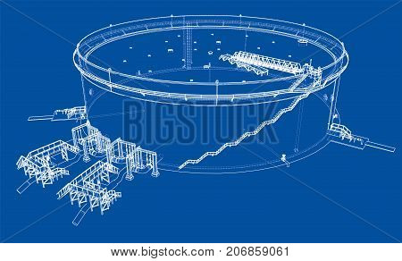 Oil storage tank. Vector rendering of 3d. Wire-frame style. The layers of visible and invisible lines are separated
