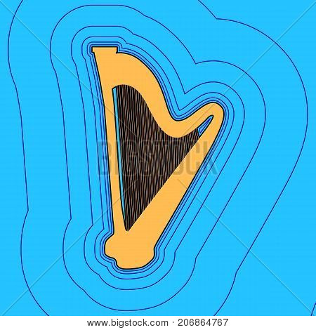Musical instrument harp sign. Vector. Sand color icon with black contour and equidistant blue contours like field at sky blue background. Like waves on map - island in ocean or sea.