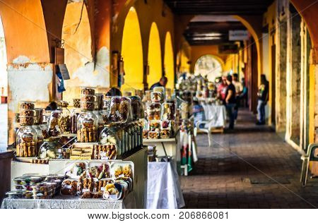 View on sweet market by Portal de Los Dulces in Cartagena - Colombia