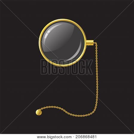 Golden monocle with a chain - modern vector realistic isolated object illustration on black background. Use this high quality clip art for presentations, banners and flyers. Stylish eye-glass
