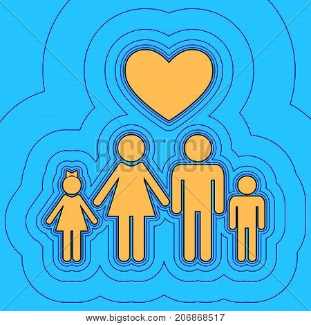 Family symbol with heart. Husband and wife are kept children's hands. Love. Vector. Sand color icon with black contour and equidistant blue contours like field at sky blue background. Like waves on map - island in ocean or sea.
