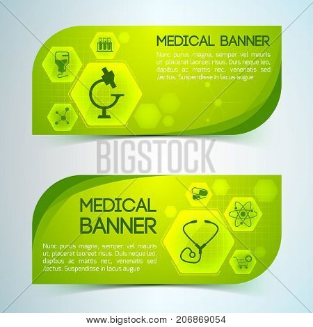 Medical horizontal banners set with medicine symbols flat isolated vector illustration