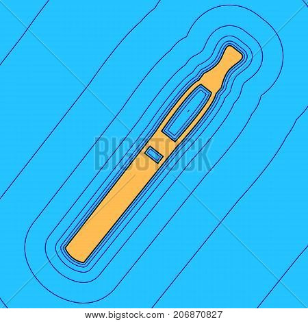 E-cigarette sign. Vector. Sand color icon with black contour and equidistant blue contours like field at sky blue background. Like waves on map - island in ocean or sea.