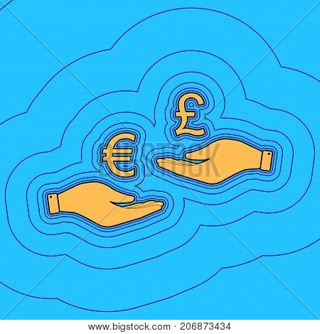 Currency exchange from hand to hand. Euro and Pound. Vector. Sand color icon with black contour and equidistant blue contours like field at sky blue background. Like waves on map - island in ocean or sea.