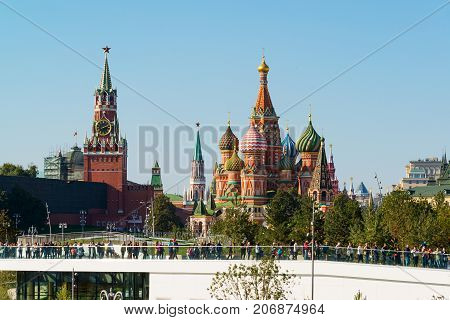 Moscow, Russia - September 23. 2017. Tourists are walking on observation deck in a new park Zaryadye.