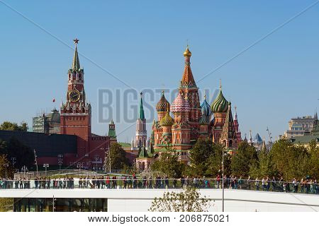 Moscow, Russia - September 23. 2017. Tourists are walking on observation deck in a new park Zaryadye.