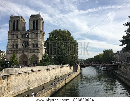 Front view of Notre-Dame de Paris Catholic cathedral on Ile de la cite island France