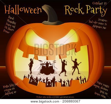 illustration for Halloween party. Rock band playing on pumpkin background