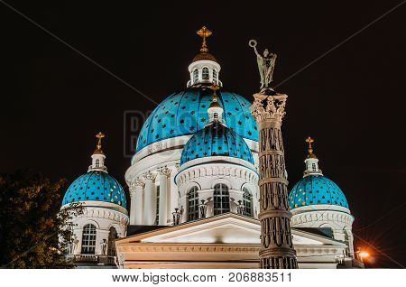 Night View Domes With Stars Of The Troitsky Cathedral In Saint-petersburg