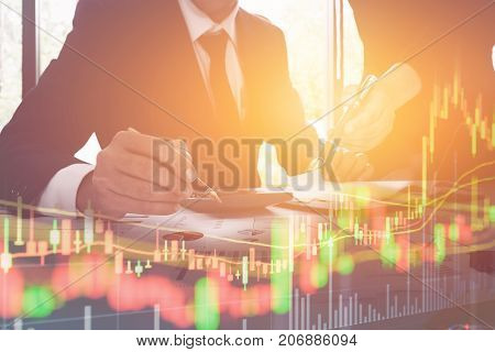 Double Exposure Of Business Team Corporate Organization Meeting Concept And Candlestick Graph, Busin
