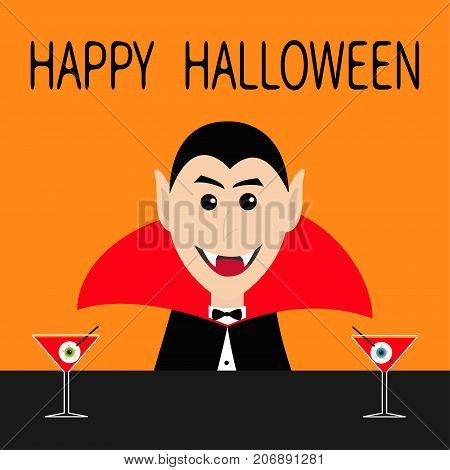 Happy Halloween. Count Dracula head face wearing black and red cape. Cute cartoon smiling vampire character fangs. Bar counter Martini glass with blood eyeball. Flat design. Orange background. Vector