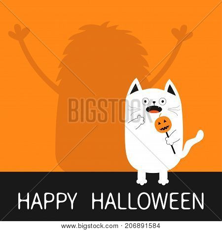 Happy Halloween. Monster silhouette wall shadow hands up. Spooky frightened white cat holding pumpkin face on stick. Open mouth. Funny Cute cartoon baby character. Flat design Orange background Vector