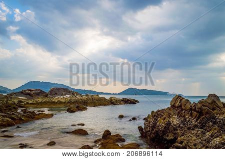 Rocky Beach At Sunset. Beautiful Gold Sundown At Rocky Coast. Selective Focus