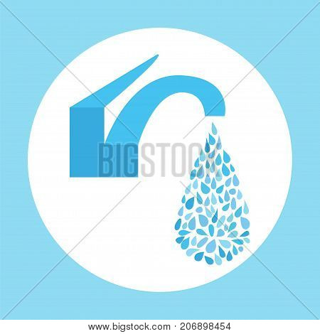 Faucet with leaking small water drops. Stock vector illustration of a tap with blue splash and flow .