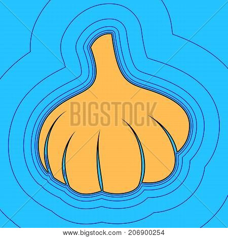 Garlic simple sign. Vector. Sand color icon with black contour and equidistant blue contours like field at sky blue background. Like waves on map - island in ocean or sea.