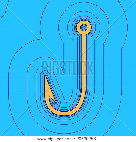 Fishing Hook sign illustration. Vector. Sand color icon with black contour and equidistant blue contours like field at sky blue background. Like waves on map - island in ocean or sea.