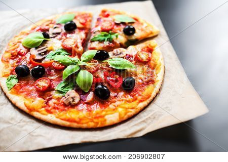 Pizza Margherita mozzarella cheese pizza close up. Delicious italian pizza