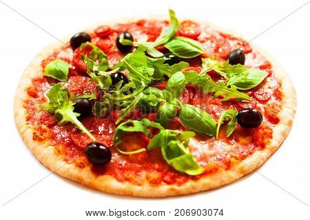 Pizza with cherry tomatoes and ham. Hot Original Italian Pepperoni pizza isolated