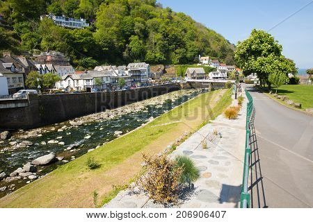 LYNMOUTH, DEVON, ENGLAND, UK-MAY 10TH 2017: Beautiful spring sunshine and clear blue skies were enjoyed by visitors to Lynmouth, Devon, on Wednesday 10th May 2017